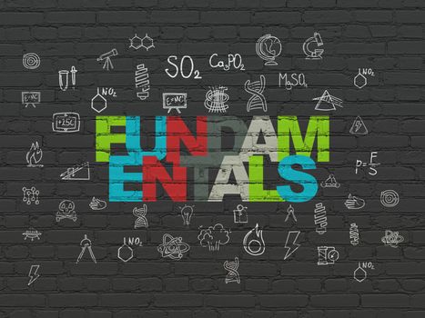 Science concept: Painted multicolor text Fundamentals on Black Brick wall background with  Hand Drawn Science Icons