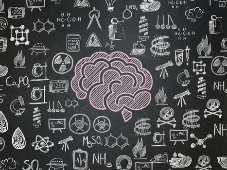 Science concept: Chalk Pink Brain icon on School board background with  Hand Drawn Science Icons, School Board