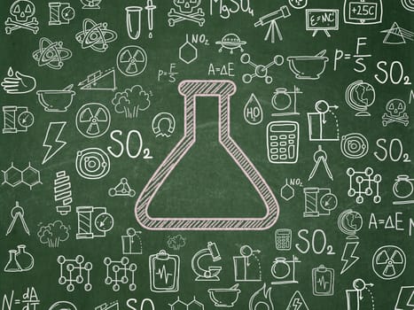 Science concept: Chalk Pink Flask icon on School board background with  Hand Drawn Science Icons, School Board