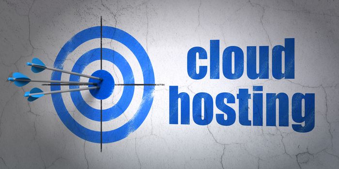 Success cloud networking concept: arrows hitting the center of target, Blue Cloud Hosting on wall background, 3D rendering