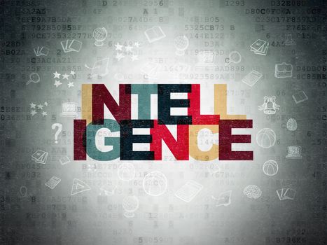 Studying concept: Painted multicolor text Intelligence on Digital Data Paper background with  Hand Drawn Education Icons