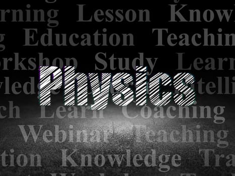 Studying concept: Glowing text Physics in grunge dark room with Dirty Floor, black background with  Tag Cloud
