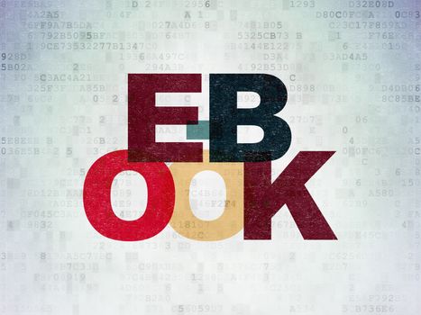 Studying concept: Painted multicolor text E-Book on Digital Data Paper background