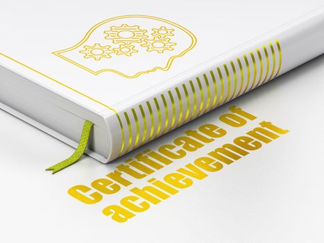 Learning concept: closed book with Gold Head With Gears icon and text Certificate of Achievement on floor, white background, 3D rendering