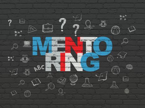 Learning concept: Painted multicolor text Mentoring on Black Brick wall background with  Hand Drawn Education Icons
