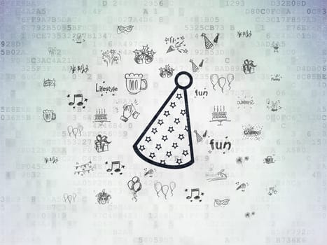 Entertainment, concept: Painted black Party Hat icon on Digital Data Paper background with  Hand Drawn Holiday Icons