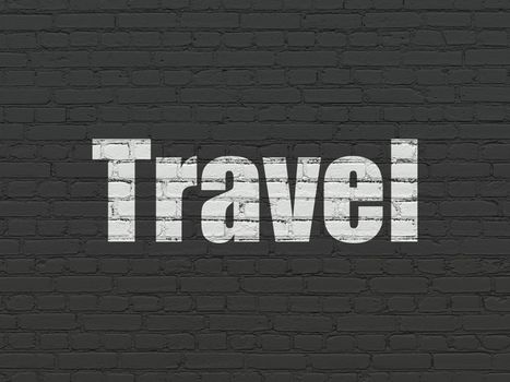 Holiday concept: Painted white text Travel on Black Brick wall background