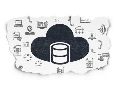Database concept: Painted black Database With Cloud icon on Torn Paper background with  Hand Drawn Programming Icons