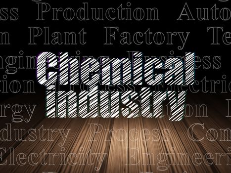 Industry concept: Glowing text Chemical Industry in grunge dark room with Wooden Floor, black background with  Tag Cloud