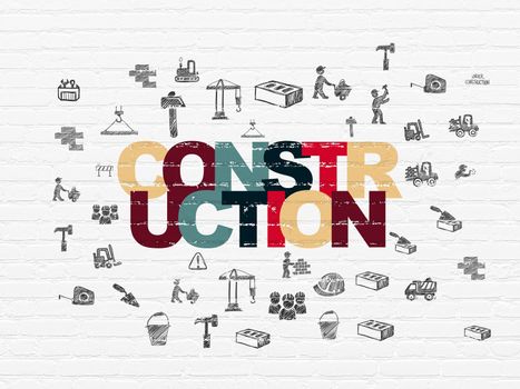 Constructing concept: Painted multicolor text Construction on White Brick wall background with  Hand Drawn Building Icons