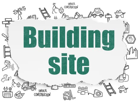 Building construction concept: Painted green text Building Site on Torn Paper background with  Hand Drawn Construction Icons