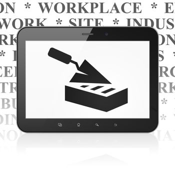 Building construction concept: Tablet Computer with  black Brick Wall icon on display,  Tag Cloud background, 3D rendering