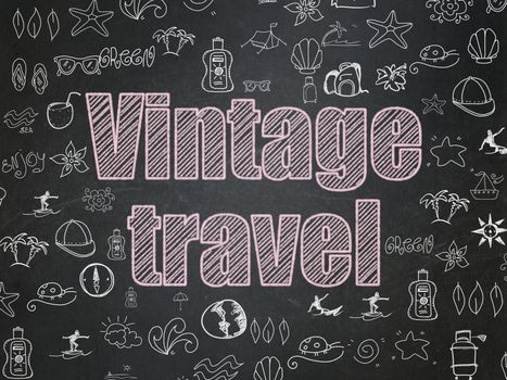 Vacation concept: Chalk Pink text Vintage Travel on School board background with  Hand Drawn Vacation Icons, School Board