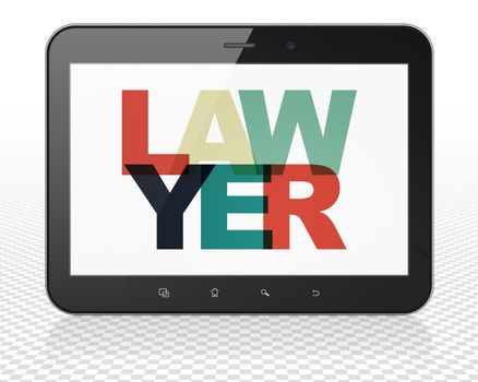 Law concept: Tablet Pc Computer with Painted multicolor text Lawyer on display, 3D rendering