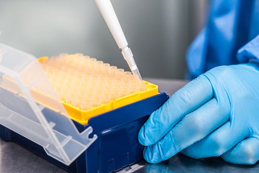 Scientist attaching a disposable tip to a micropipette