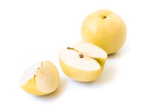 Chinese pear fresh fruit with slices on white background, selective focus