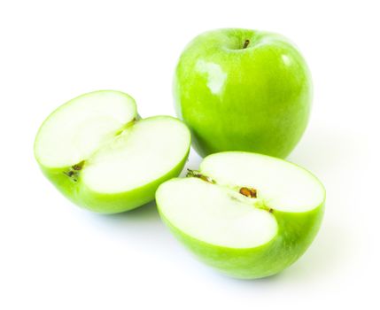 Green fresh apples fruit on white background, healthy diet food concept