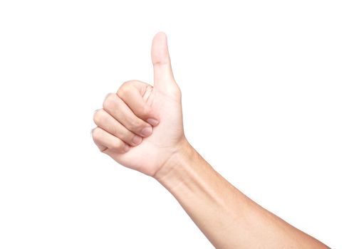 Young man hand thumbs up for good feeling with white background