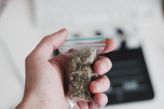 Green dry marijuana in man hand on the blurry background. Weed concept.