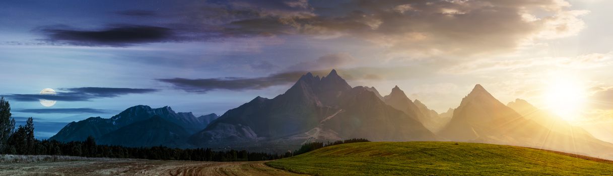 day and night time change concept over rural area in Tatra Mountains. beautiful panorama of agricultural area. gorgeous mountain ridge with high rocky peaks with sun and moon