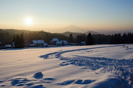 Winter panorama in the Czech Switzerland with snow and frost
