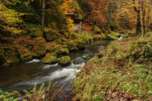 Autumn colored trees, leaves, rocks around the beautiful river