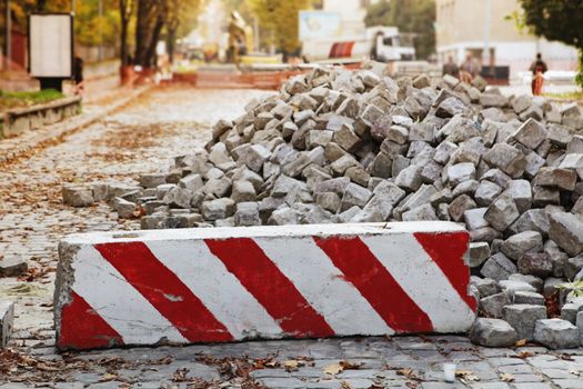 repair of the ancient European road by stone blocks