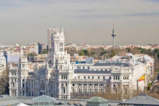 Panoramic view to The Cybele Palace on Cybele square in Madrid, Spain