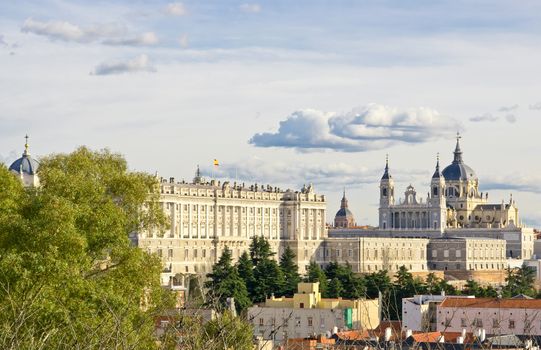 Aerial view of Santa Maria la Real de La Almudena and Royal Palace in Madrid, Spain