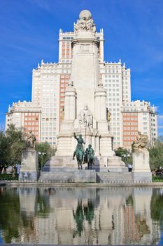 Monument to Miguel de Cervantes Saavedra on Plaza de Espana in Madrid, Spain