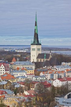 Aerial view of Oleviste (St.Olaf) church in old city of Tallinn, Estonia