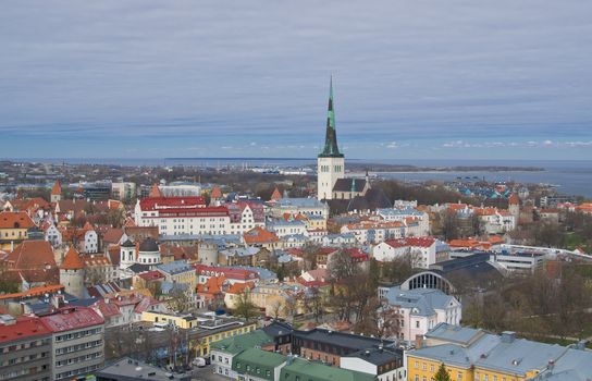 Panoramic view of old city of Tallinn with Oleviste (St.Olaf) church in the middle, Estonia.