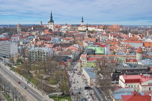 Aerial view of old city of Tallinn and the beginning of Viru street, Estonia
