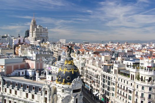 Aerial view of the  beginning of Calle Gran Via in Madrid, Spain