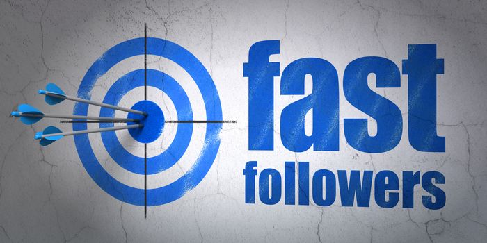 Success business concept: arrows hitting the center of target, Blue Fast Followers on wall background, 3D rendering
