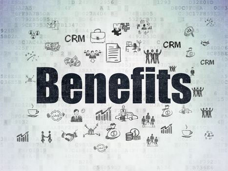 Business concept: Painted black text Benefits on Digital Data Paper background with  Hand Drawn Business Icons