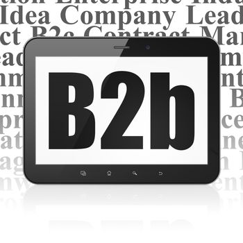 Business concept: Tablet Computer with  black text B2b on display,  Tag Cloud background, 3D rendering