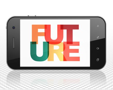 Time concept: Smartphone with Painted multicolor text Future on display, 3D rendering