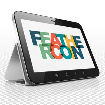 Blockchain concept: Tablet Computer with Painted multicolor text Feathercoin on display, 3D rendering