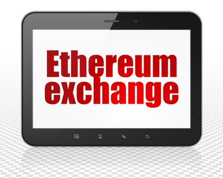 Cryptocurrency concept: Tablet Pc Computer with red text Ethereum Exchange on display, 3D rendering
