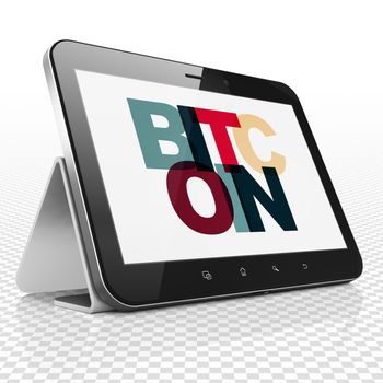 Cryptocurrency concept: Tablet Computer with Painted multicolor text Bitcoin on display, 3D rendering