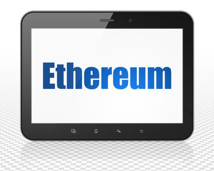 Blockchain concept: Tablet Pc Computer with blue text Ethereum on display, 3D rendering
