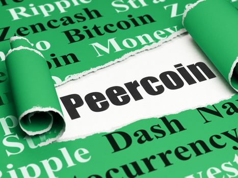 Cryptocurrency concept: black text Peercoin under the curled piece of Green torn paper with  Tag Cloud, 3D rendering