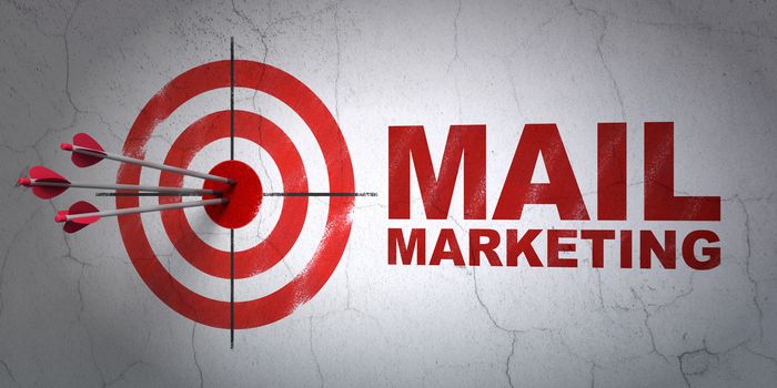 Success marketing concept: arrows hitting the center of target, Red Mail Marketing on wall background, 3D rendering