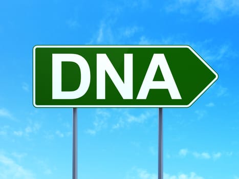 Medicine concept: DNA on green road highway sign, clear blue sky background, 3D rendering