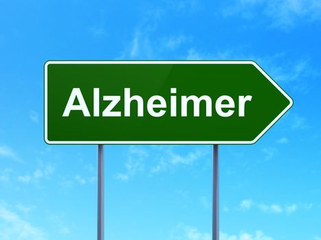 Health concept: Alzheimer on green road highway sign, clear blue sky background, 3D rendering