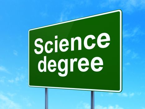 Science concept: Science Degree on green road highway sign, clear blue sky background, 3D rendering