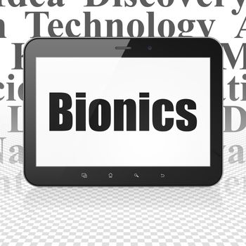 Science concept: Tablet Computer with  black text Bionics on display,  Tag Cloud background, 3D rendering