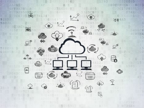 Cloud computing concept: Painted black Cloud Network icon on Digital Data Paper background with  Hand Drawn Cloud Technology Icons