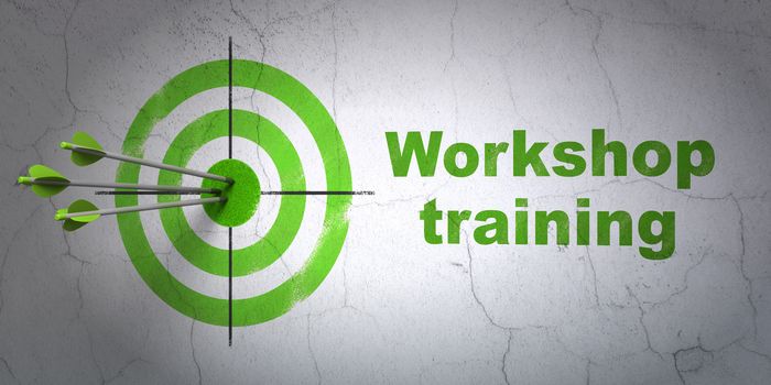Success Learning concept: arrows hitting the center of target, Green Workshop Training on wall background, 3D rendering